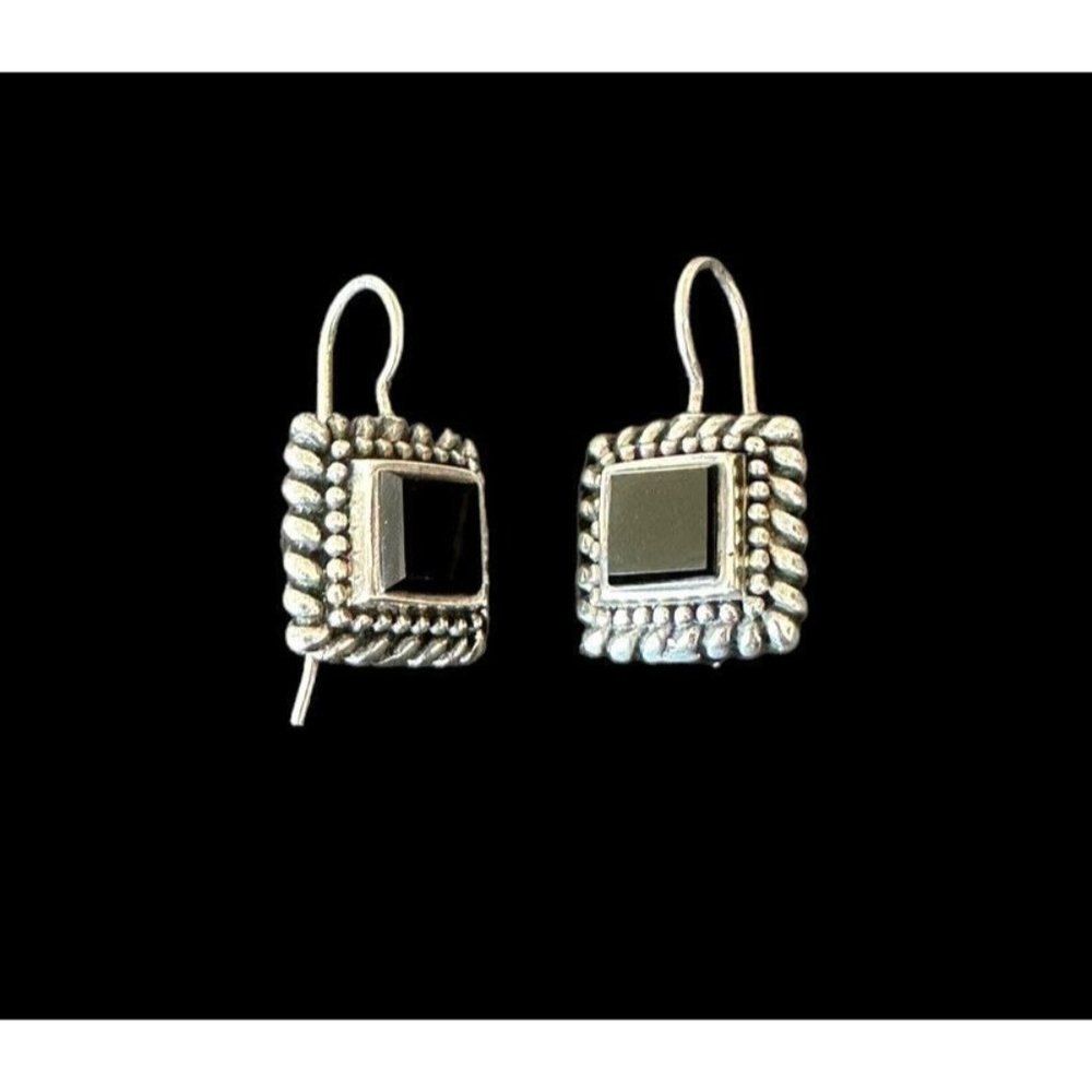 Signed SE 925 Square Black Onyx Earrings Southwestern Sterling Silver Hook